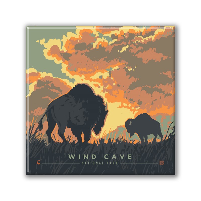 Wind Cave NP Bison Sunrise Square Magnet| Metal Magnet