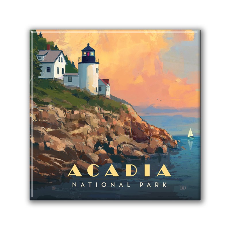 Acadia NP Lighthouse Square Magnet|Metal Magnet