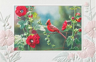 Cardinal In Hollyhocks (BDIN) | Wildlife themed birthday cards