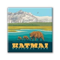 Katmai NP Mama Bear Cubs Square Magnet